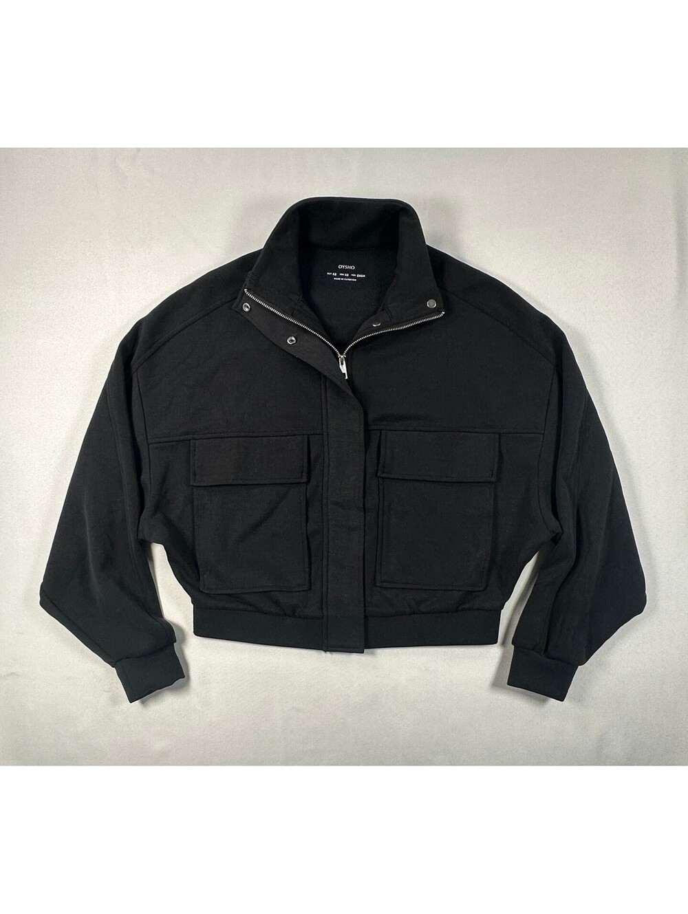 Oysho Cropped Utility Jacket Womens XS Black Full Zip Mock Neck Sweatshirt EUC